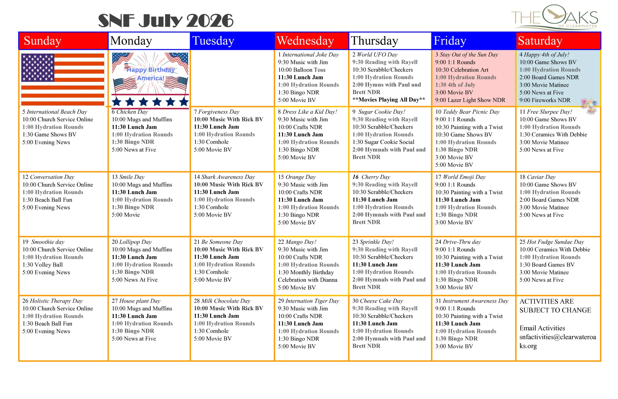 July Calendar SNF May 2026 Nursing Calendar